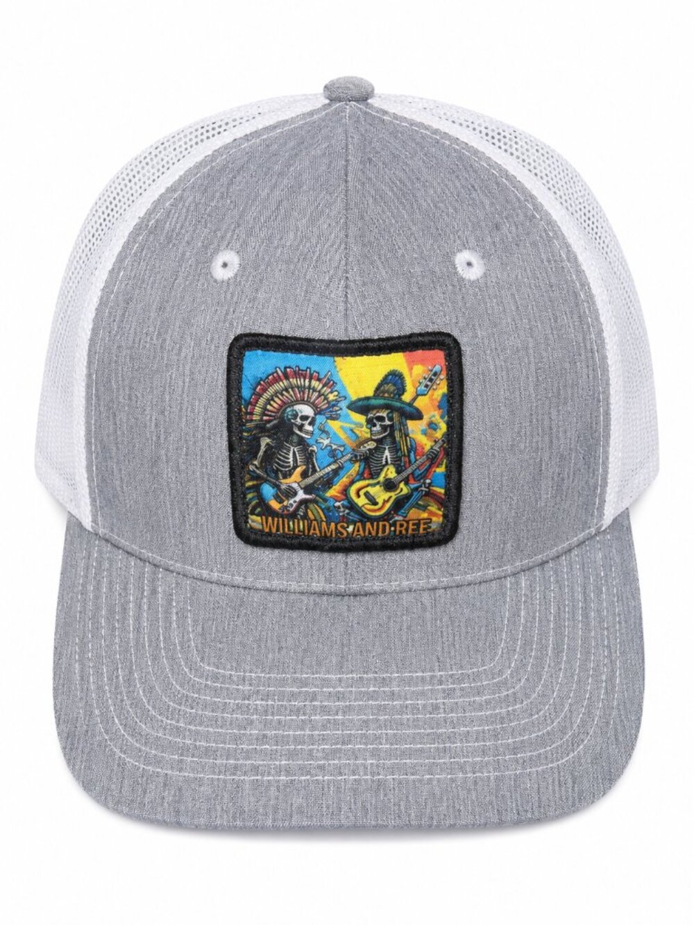 Williams and Ree Skeleton Musicians Trucker Hat Gray White Snapback OS